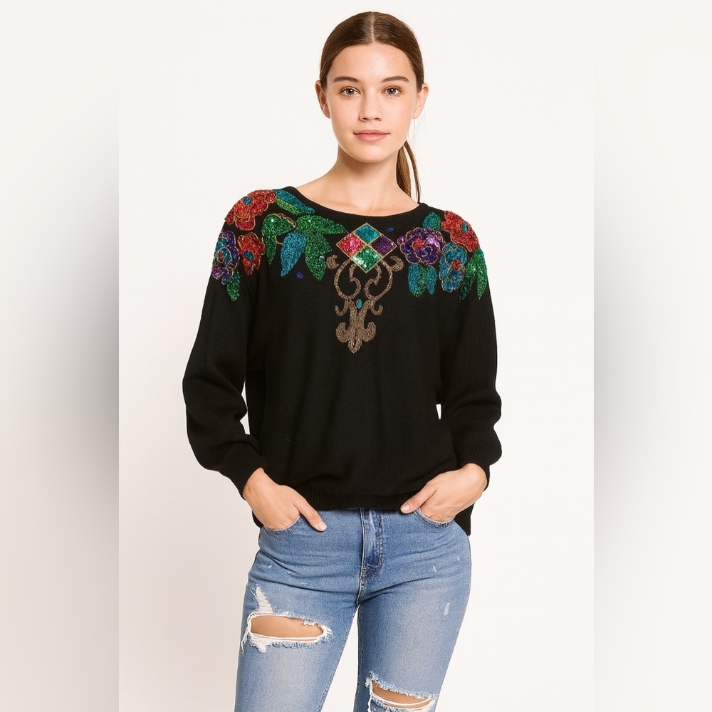 Vintage 1992 Black B.I.B SML Sport Sz 1X Sweater Sequin Beaded Shoulder Pads
